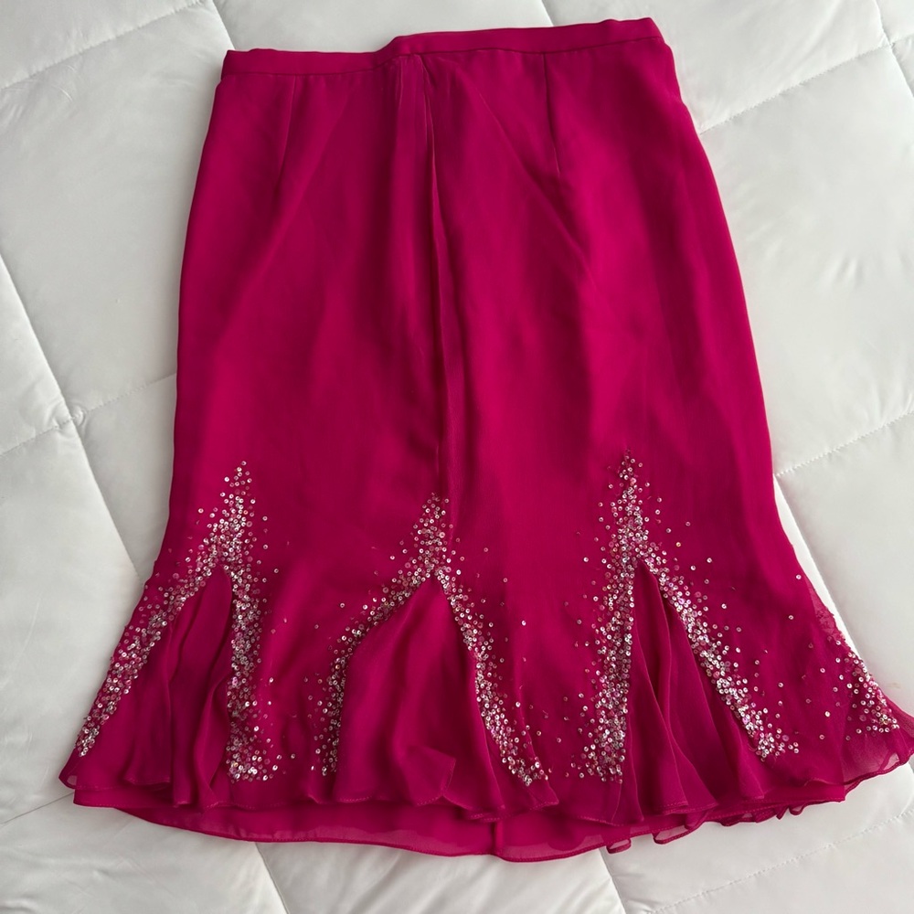 Y2K Vintage Fuchsia Pink Silk Beaded & Sequin Midi Skirt